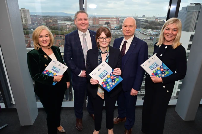 At the launch of the Northern Ireland Skills Barometer are Kathleen O'Hare (Chair NI Skills Council), Mark Magill (Ulster University Principal Economist), Economy Minister Caoimhe Archibald, Professor Paul Bartholomew (Vice-Chancellor Ulster University), and Suzanne Wylie (CEO NI Chamber )