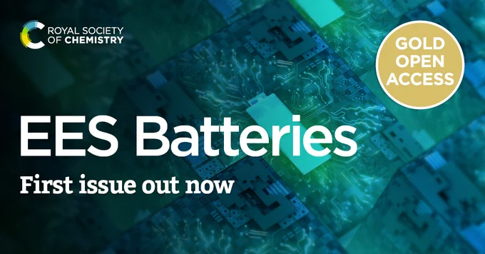 Promotional banner for the Royal Society of Chemistry announcing the first issue of 'EES Batteries' journal, featuring a background graphic of a circuit board, with a gold 'Open Access' seal on the right.