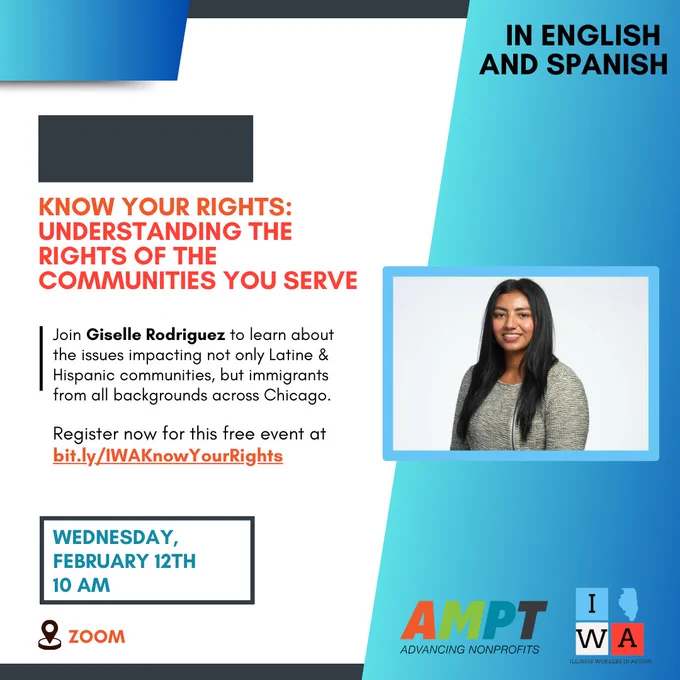 Promotional poster for an event titled 'Know Your Rights: Understanding the Communities You Serve' featuring speaker Giselle Rodriguez. The event is organized by AMPT and will be held in English and Spanish on Zoom, February 12th at 10 AM. Details and registration link provided on a blue and white background with the image of a smiling individual.