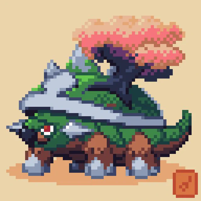A pixel art piece of a cherry blossom variant of Torterra.