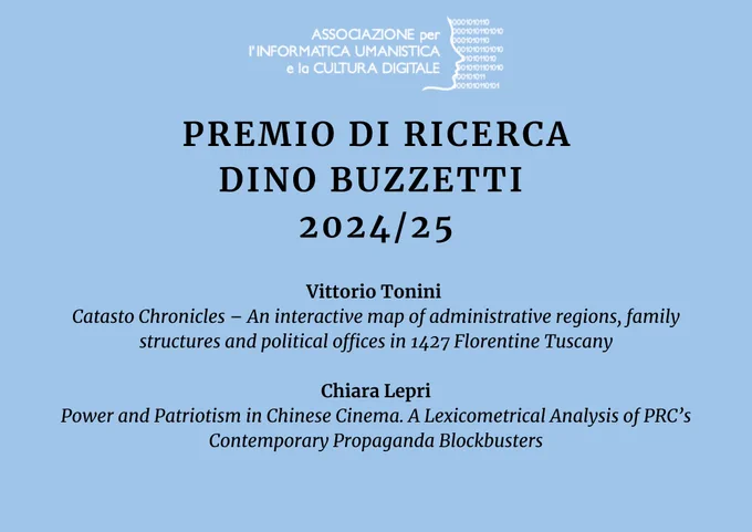 - "Catasto Chronicles – An interactive map of administrative regions, family structures and political offices in 1427 Florentine Tuscany", di Vittorio Tonini

-"Power and Patriotism in Chinese Cinema. A Lexicometrical Analysis of PRC’s Contemporary Propaganda Blockbusters", di Chiara Lepri