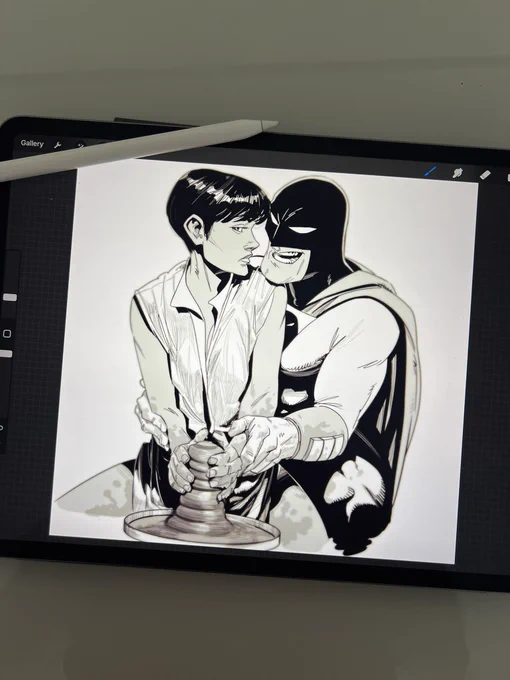 Black and white illustration on an iPad of a parody scene from Ghost (1990), featuring Space Ghost replacing the male character.
