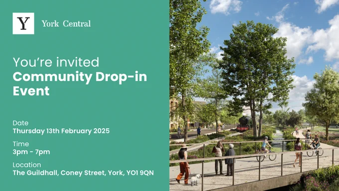 CGI image of parkland and pathways plus drop in event invite for 3-7pm, 13th February, Guild Hall, York