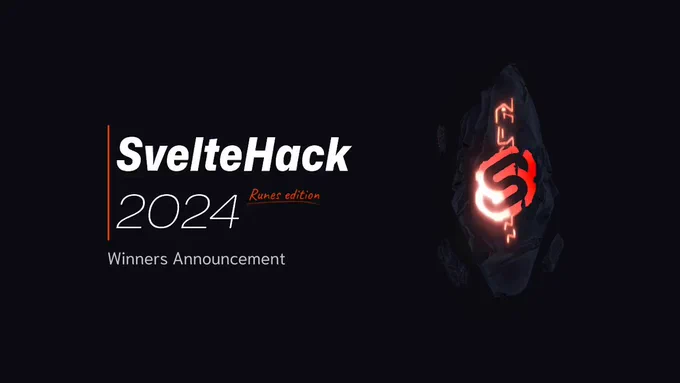 Text on the left reading "SvelteHack 2024 runes edition Winners Announcement" with a large pointed rock with a glowing svelte logo and runic symbols