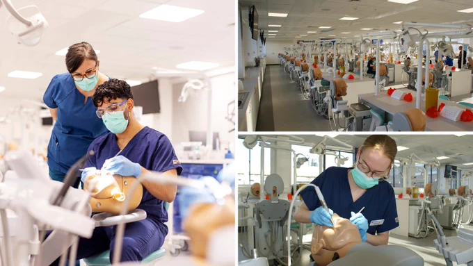 A montage of three images. One image pictures a student dentist and a teacher practising dental work on a simulation dummy. The other shows an image of the new facilities with several workstations to allow students to practice dental work.  The third image is of a dental student practising dental work on a simulation dummy