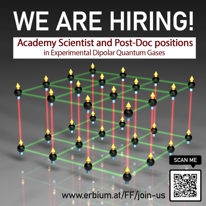 An illustration of some dipolar atoms in a lattice. The text is about open position in Prof. Ferlaino's team at the university of Innsbruck and IQOQI Innsbruck. There are openings for an Academy scientist position and for postdocs. Link to the website: https://www.erbium.at/FF/join-us/