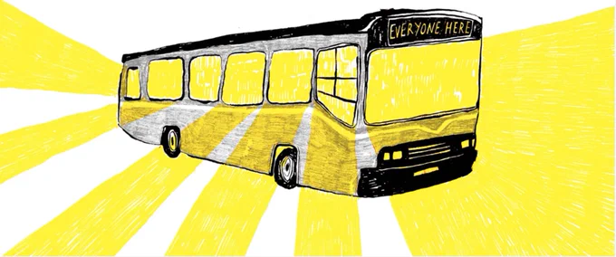 An illustration of an old heritage bus. The sign above the driver reads Everyone Here and there are beams of light shining out through the windows. 