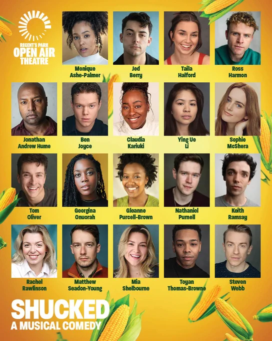 Image shows 19 headshots and the corresponding names of the cast of Shucked.