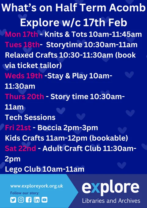 Mon 17th - Knits & Tots 10am-11:45am
Tues 18th-  Storytime 10:30am-11am
Relaxed Crafts 10:30-11:30am (book via ticket tailor)
Weds 19th -Stay & Play 10am-11:30am
Thurs 20th - Story time 10:30am-11am
Tech Sessions
Fri 21st - Boccia 2pm-3pm
Kids Crafts 11am-12pm (bookable)
Sat 22nd - Adult Craft Club 11:30am-2pm
Lego Club 10am-11am