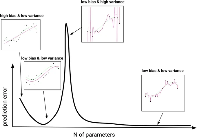 Double descent of prediction error. Degree-one, degree-three, degree-twenty, and degree-one-thousand polynomial regression fits (magenta; from Left to Right) to data generated from a degree-three polynomial function (green). Low prediction error is achieved by both degree-three and degree-one-thousand models.