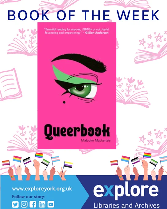 Picture shows the front cover of the book 'Queerbook' by Malcolm MacKenzie, which is bright pink. The front cover shows a eye wearing greenand black eyeliner.