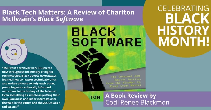 A postcard celebrating Black History Month. The title and author of a book review are listed: “‘Black Tech Matters: A Review of Charlton McIlwain’s Black Software’ A book review by Codi Renee Blackmon. There is a quote featured: “McIlwain’s archival work illustrates how throughout the history of digital technologies, Black people have always learned how to master technical worlds and make software to help each other, providing more culturally informed narratives to the history of the Internet. Even something as simple as putting their own Blackness and Black interests onto the Web in the 1990s and the 2000s was a radical act.” There is an image of the book cover, a green background with a pixelated Black Power fist and the title in black pixelated font.
