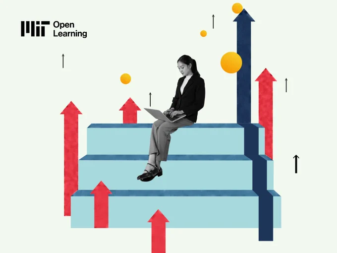 Graphic for MIT Open Learning featuring a person sitting on stylized steps, working on a laptop, with upward-pointing arrows and abstract elements around them symbolizing growth and progression in learning.