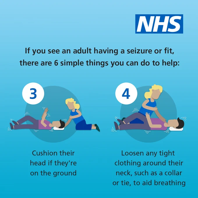  The text reads "3) Cushion their head if they're on the ground; 4) Loosen any tight clothing around their neck, such as a collar or tie, to aid breathing."

The NHS logo is in the top right hand corner.
