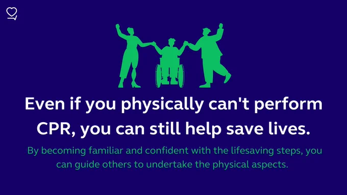 Dark blue graphic with green illustrated silhouettes of people with different physical disabilities. The text reads ‘Even if you physically can't perform CPR, you can still help save lives. By becoming familiar and confident with the lifesaving steps, you can guide others to undertake the physical aspects.’