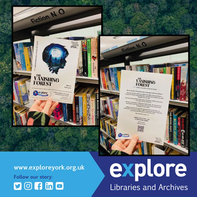 the vanishing forest - photos of a flyer on top of a tree forest background with books behind.