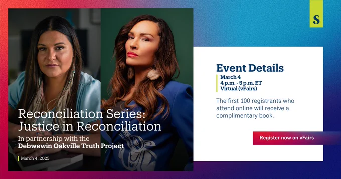 Graphic of the March 4 Reconciliation Series: Justice in Reconciliation event featuring Brandi Morin and Angela Sterritt followed by details on the right.