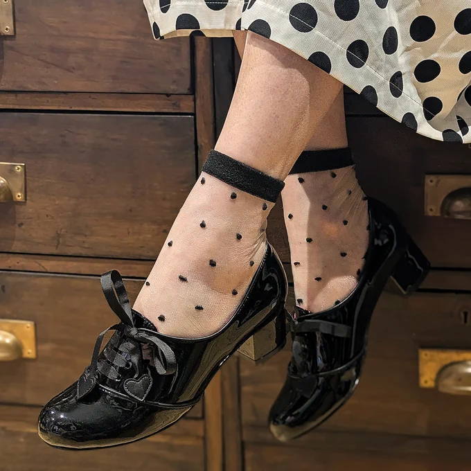 Irregular Choice 'Dear Dolly' block-heeled brogues. Glossy black with heart detailed laces