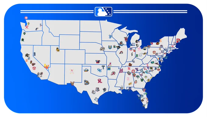 Logo map of America featuring the locations of all 120 Minor League Baseball clubs. The map is presented atop a blue backdrop with the MiLB logo above the states.