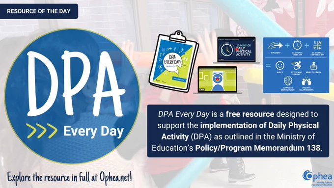 Resource of the Day

DPA Every Day

DPA Every Day is a free resource designed to support the implementation of Daily Physical Activity (DPA) as outlined in the Ministry of Education’s Policy/Program Memorandum 138.

Explore the resource in full at Ophea.net!