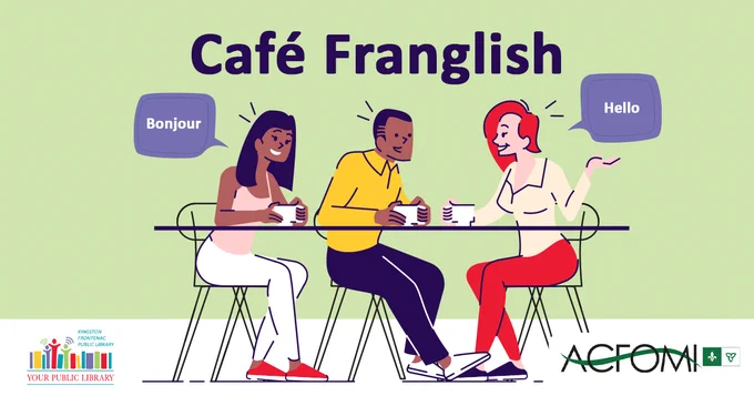 An illustration of three people sitting around a table, saying “hello” and “bonjour”. The text reads Cafe Franglish.
