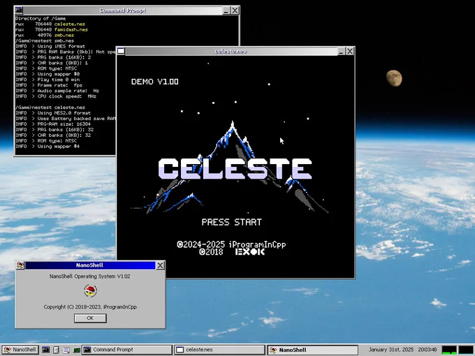 a screenshot of my homebrew demake of Celeste running on my homebrew operating system, NanoShell
