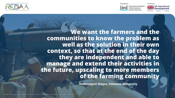 Graphic card of text on top of an image of people waiting for clean water with empty canisters in Ethiopia. Words read 'We want the farmers and the communities to know the problem as well as the solution in their own context, so that at the end of the day they are independent and able to manage and extend their activities in the future, upscaling to more members of the farming community – Awdenegest Moges, Hawassa University'.