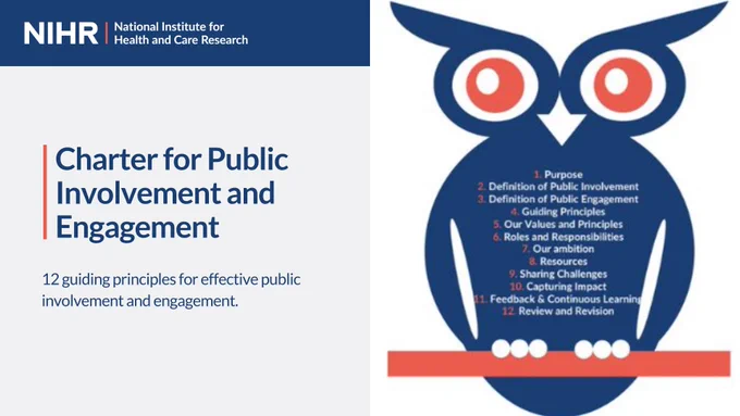 NIHR. Charter for Public Involvement and Engagement. 12 guiding principles for effective public involvement and engagement. 1. Purpose 2. Definition of Public Involvement 3. Definition of Public Engagement 4. Guiding principles 5. Our values and principles 6. Roles and responsibilities 7. Our ambition 8. Resources 9. Sharing challenges 10. Capturing impact 11. Feedback and continuous learning 12. Review and revision. 