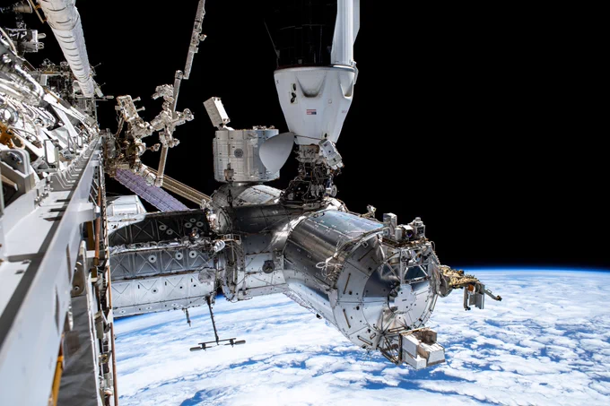 View of Europe's Columbus laboratory on the International Space Station as seen by a US spacewalker in January 2025.