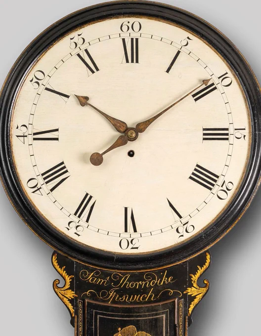 Exceptional c.1790 tavern clock by Samuel Thorndike, Ipswich. Fine chinoiserie decoration with oriental garden scene. 8-day movement. A superb example of Georgian provincial craftsmanship. 