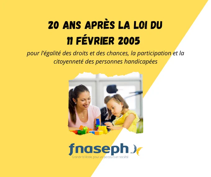 Affiche : 

20 ans après la loi du 11 février 2005
pour l'égalité des droits et des chances, la participation et la citoyenneté des personnes handicapées

Photo : enfant à l'école

Logo FNASEPH
