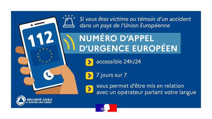 Infographie 112 : si vous êtes victime ou témoin d’un accident dans un pays de l’union européen 
112 numéro d’appel d’urgence européen 
Accessible 24h/24
7 jours sur 7
Vous permet d’être mis en relation avec un opérateur parlant votre langue