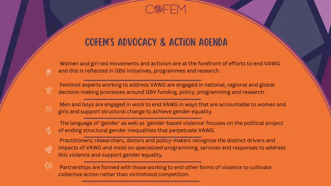 We have a 6-point agenda for EVAWG:
👭Women & girl-led movements at the forefront
🗣️Feminist experts central to policy & decisions
🤝Men & boys accountable to women & girls
✊Keep EVAWG work politicized
👩‍🔧Focus on specialized programs & services
🫶Inspire collective action