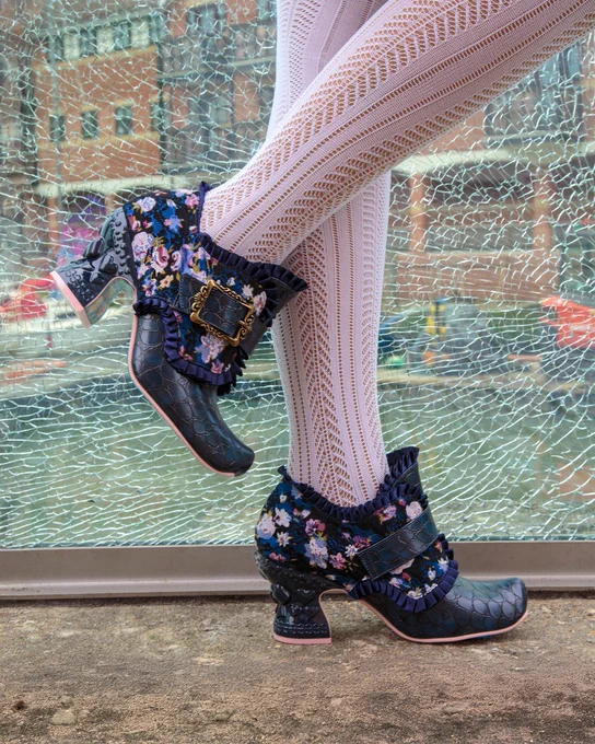 Irregular Choice 'Squash Buckle' heeled square to boots. Navy blue with floral pattern, large buckle