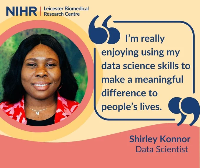 IMage of Shirley with the words. "I'm really enjoying using my data science skills to make a meaningful difference to people's lives."