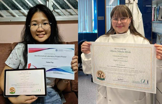 Celest Tay and Oliwia Mruk smiling while holding certificates