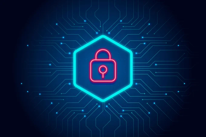 A graphic showing a padlock on a screen of fibre optics