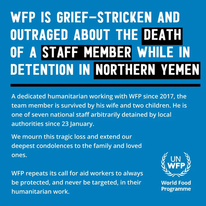 WFP statement about the death of a national staff member in Northern Yemen