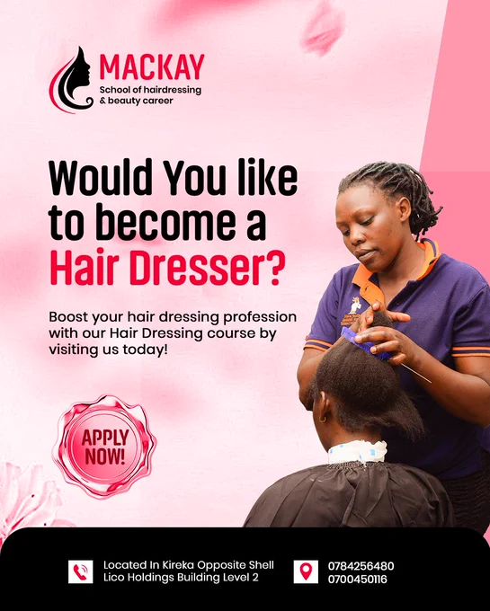 💇‍♀ Dreaming of becoming a Hairdresser? 💈 #MackaySchool of Hairdressing & Beauty Career in Kireka can make it happen!  Boost your skills with our professional Hair Dressing course. 

Apply now! 📞 
0784256480 / 0700450116  

#MakeUpTraining #HairdressingCourse