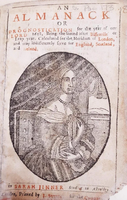 Title page of the almanac showing a depiction of Sarah Jinner in an oval setting.