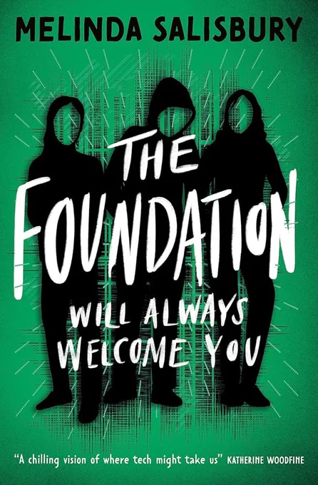 Three hooded figures silhouetted in black against a vivid green-screen backdrop
