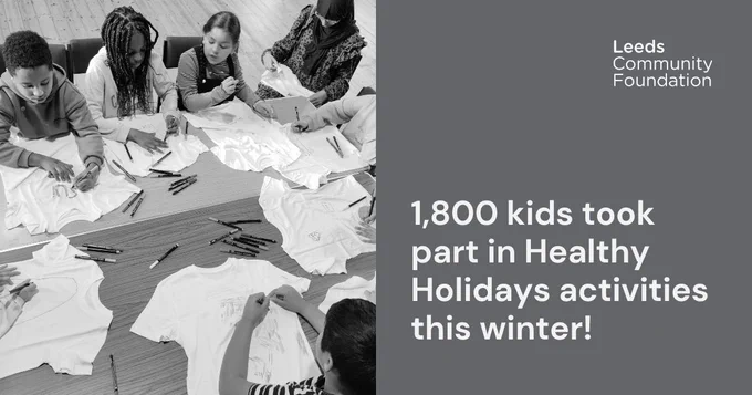 A group of children sit around a table, drawing on t-shirts. Beside the photo, text says '1,800 kids took part in Healthy Holidays activities this winter!'