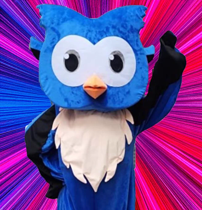 MCC's owl mascot Swoops signifying "number one"