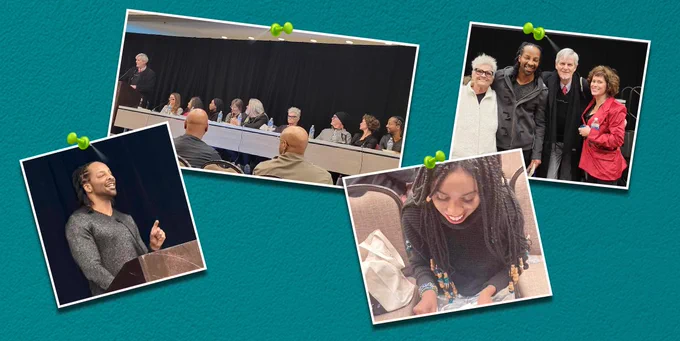 Four photos of poetry alumni of the University of New Orleans thumbtacked to a blue background