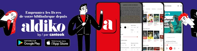 An illustration of four phone screens displaying the cantook app. There are three people in the graphic looking at the phones. The text reads Empruntez les livres de votre bibliothèque depuis by/par cantook.