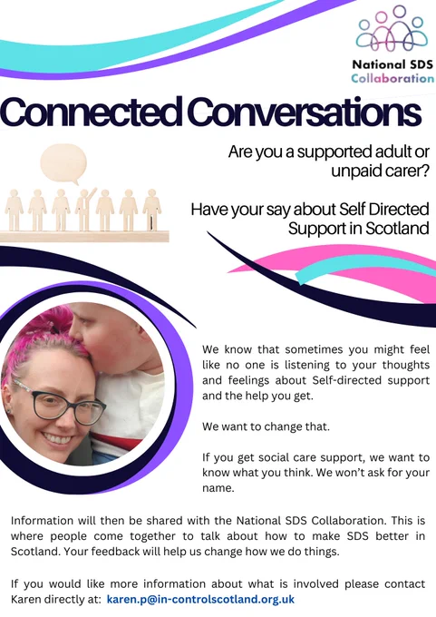 White poster with pink, purple and blue colours.  The poster has information to read. There is a picture of a Mum who has pink hair and her son who is kissing her hair. The Mum is smiling and the wee boy looks away