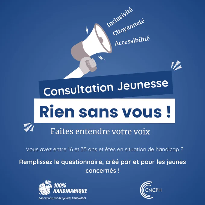 Logo de la consultation composé de la phrase “Consultation Jeunesse : Rien sans vous” et d’une main tenant un haut-parleur.