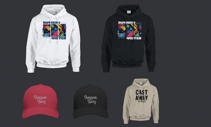 Win a Hoodie or Hat from Queon Story by donating to Trans Lifeline!

Hoodies read "Dungeon Master" or "Cast Away: The Island" 
Hat reads "Dungeon Deity"