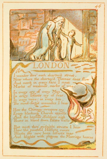 Coloured illustrated page showing William Blake's poem, 'London', from a facsimile copy of the first edition of Songs of Innocence and of Experience