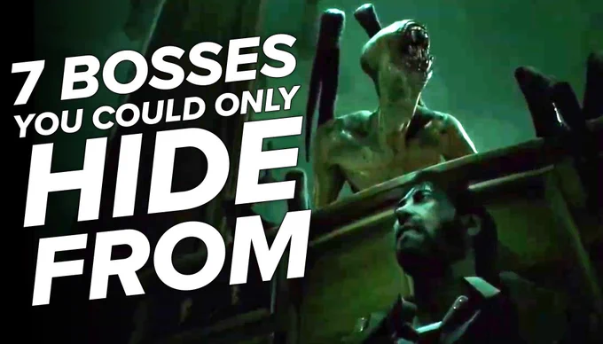 Text reads: "7 Bosses You Could Only Hide From" next to an image of Call of Cthulhu's hero Edward Pierce cowering down behind a desk, hiding from a gangly, no-eyed, many-toothed monstrosity above him.